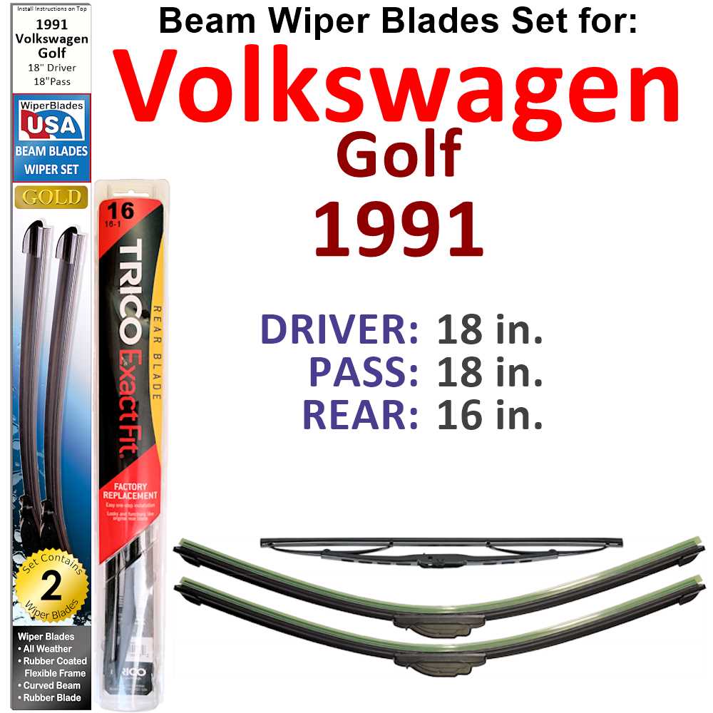 Set of 3 Beam Wiper Blades designed for 1991 Volkswagen Golf GTI 16-Valve, showcasing their flexible and durable construction.