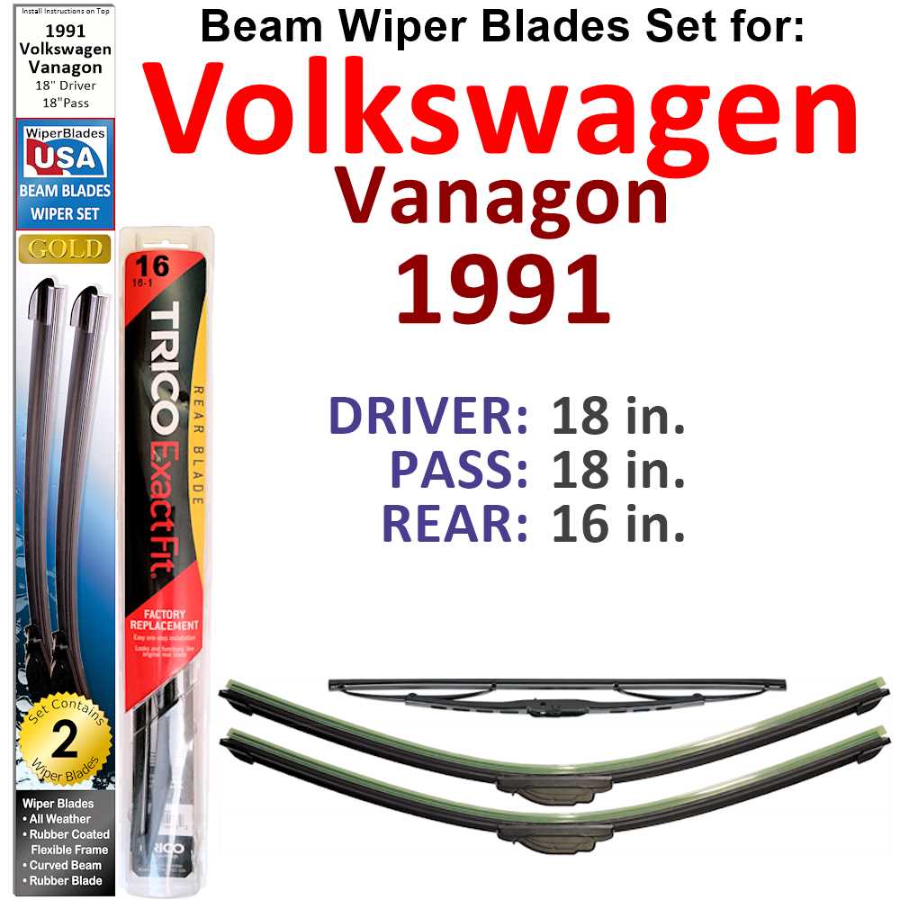 Set of 3 Beam Wiper Blades designed for 1991 Volkswagen Vanagon, showcasing their flexible and durable construction.