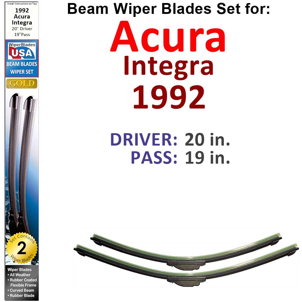 Set of 2 Beam Wiper Blades designed for 1992 Acura Integra, showcasing their flexible and durable construction.