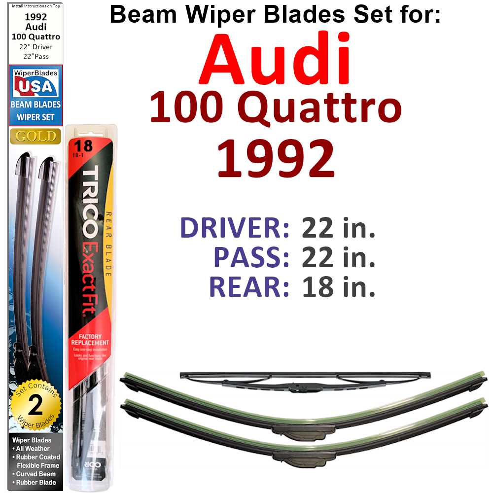 Set of 3 Beam Wiper Blades designed for 1992 Audi 100 Quattro, showcasing their flexible and durable construction.