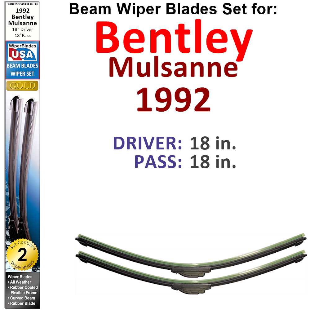 Set of two Beam Wiper Blades designed for 1992 Bentley Mulsanne, showcasing their sleek, low-profile design and rubber-encased metal spine.