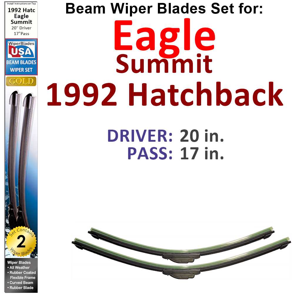 Set of 2 Beam Wiper Blades designed for 1992 Eagle Summit Hatchback, showcasing their flexible and durable construction.