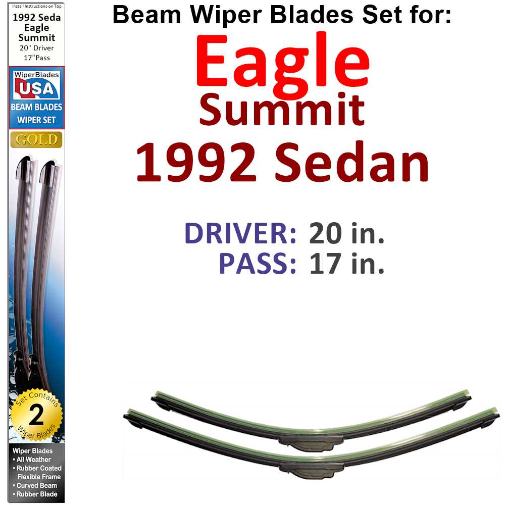 Set of two Beam Wiper Blades designed for 1992 Eagle Summit Sedan, showcasing their flexible and durable construction.