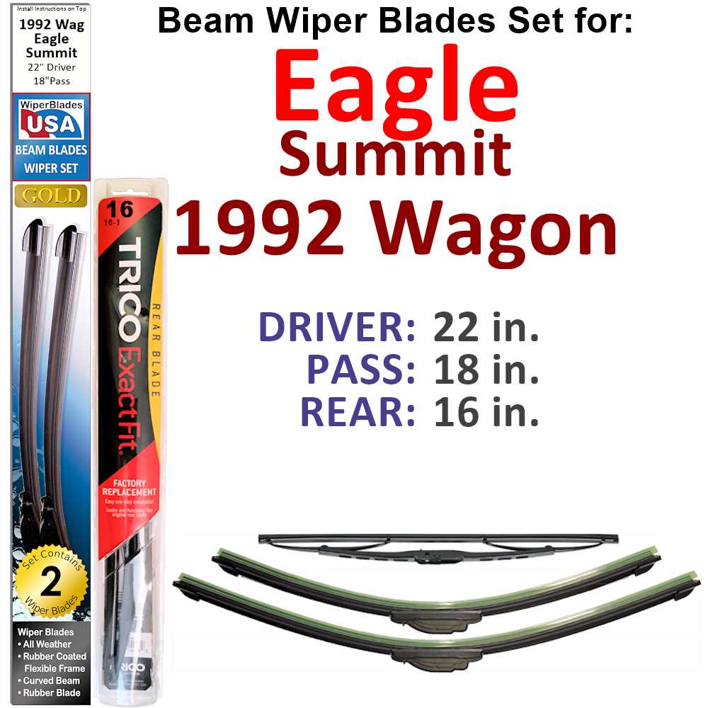 Set of 3 Beam Wiper Blades designed for 1992 Eagle Summit Wagon, showcasing their flexible and durable construction.