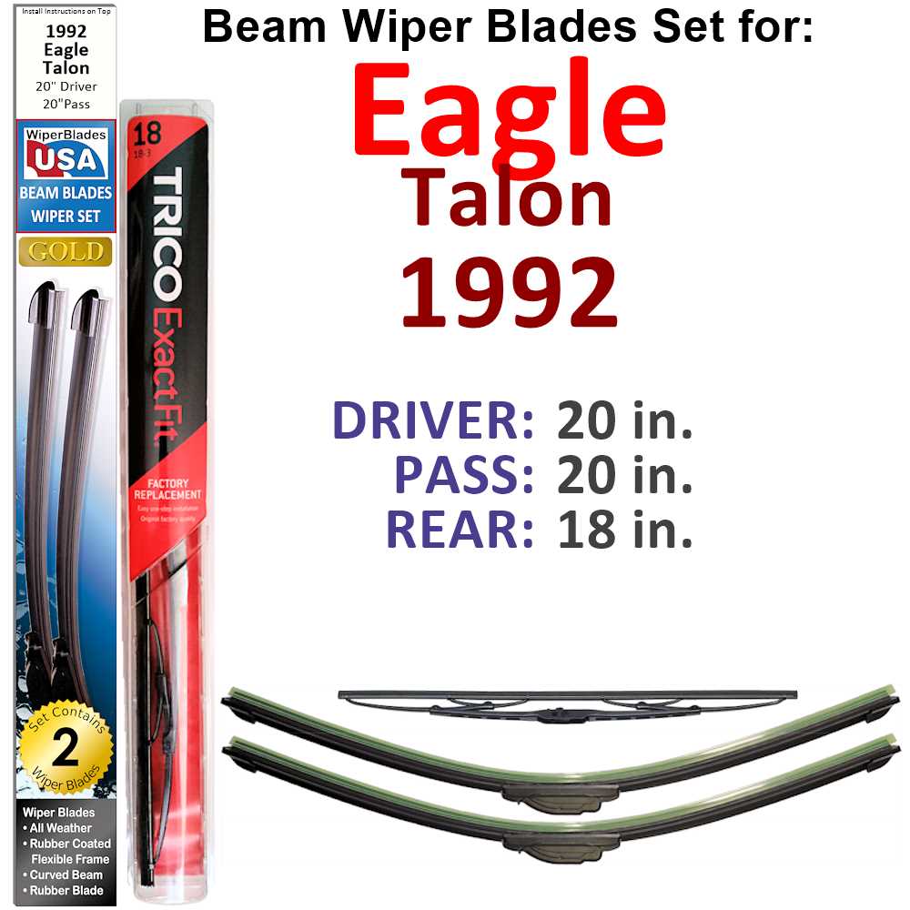 Set of 3 Beam Wiper Blades for 1992 Eagle Talon, showcasing their flexible design and rubber-encased metal spine.