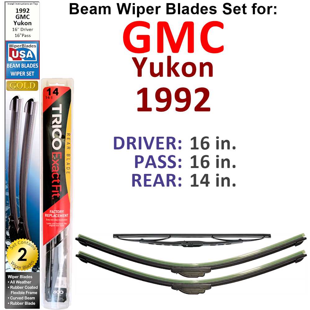 Set of 3 Beam Wiper Blades designed for 1992 GMC Yukon, showcasing their flexible beam design and rubber-encased metal spine.