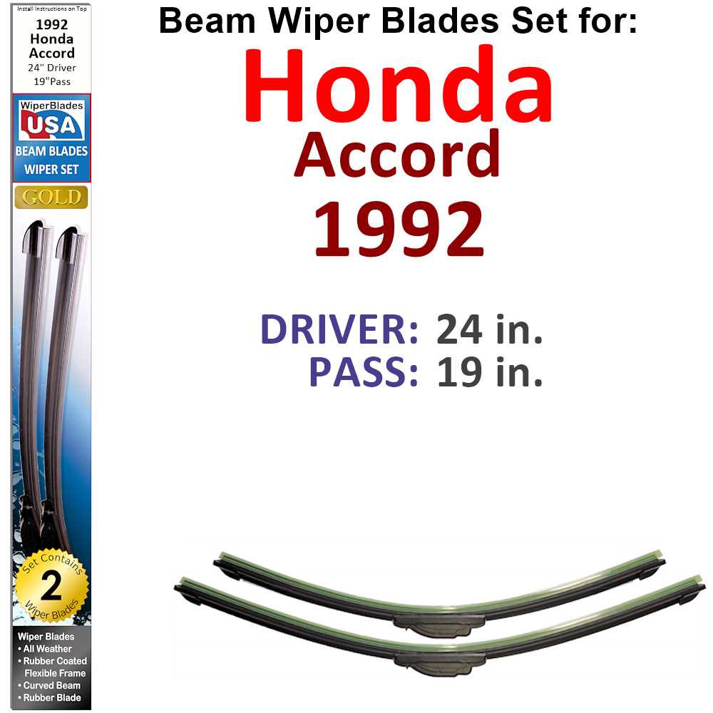 Set of 2 Beam Wiper Blades designed for 1992 Honda Accord, showcasing their flexible and durable design.