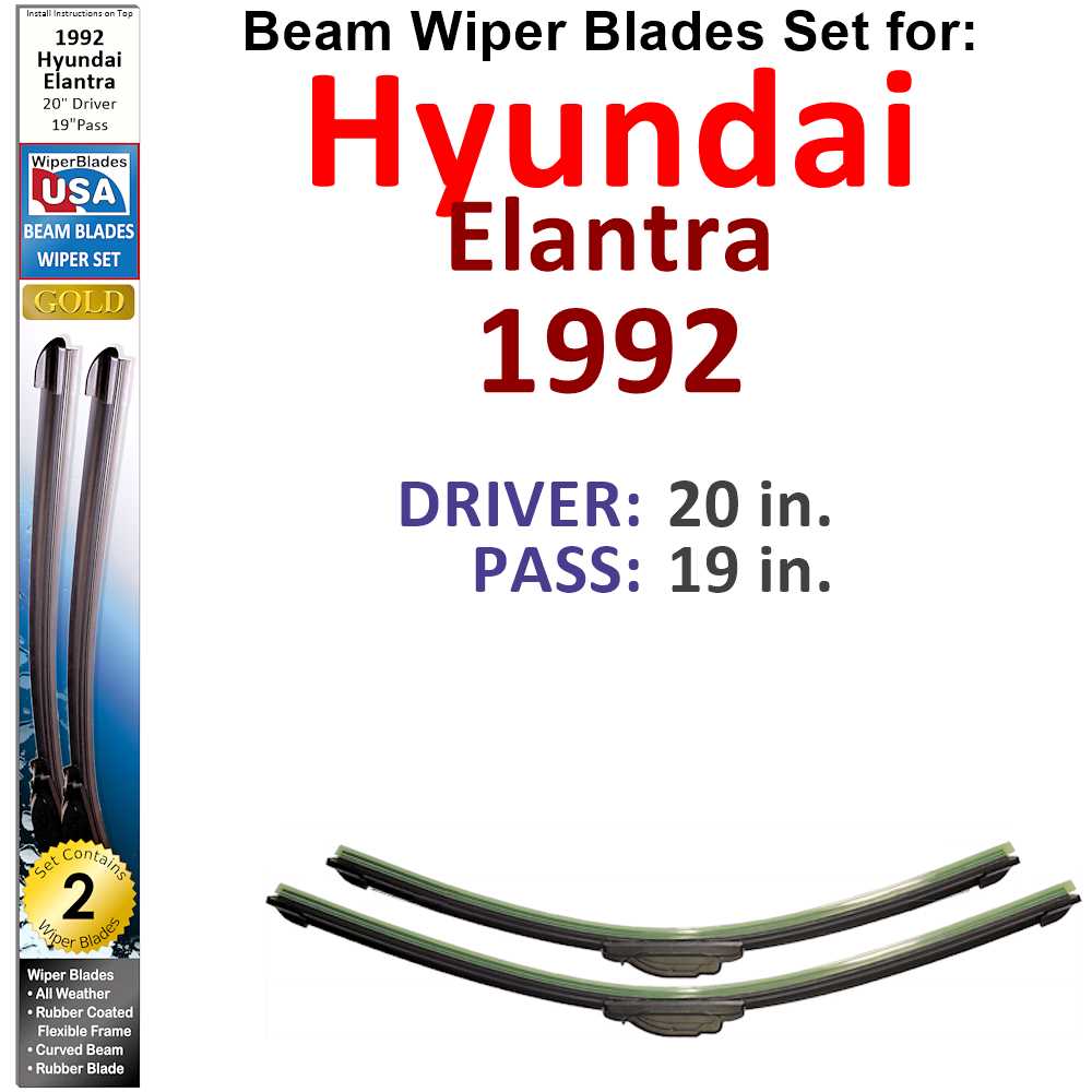 Set of 2 Beam Wiper Blades designed for 1992 Hyundai Elantra, showcasing their flexible and durable construction.