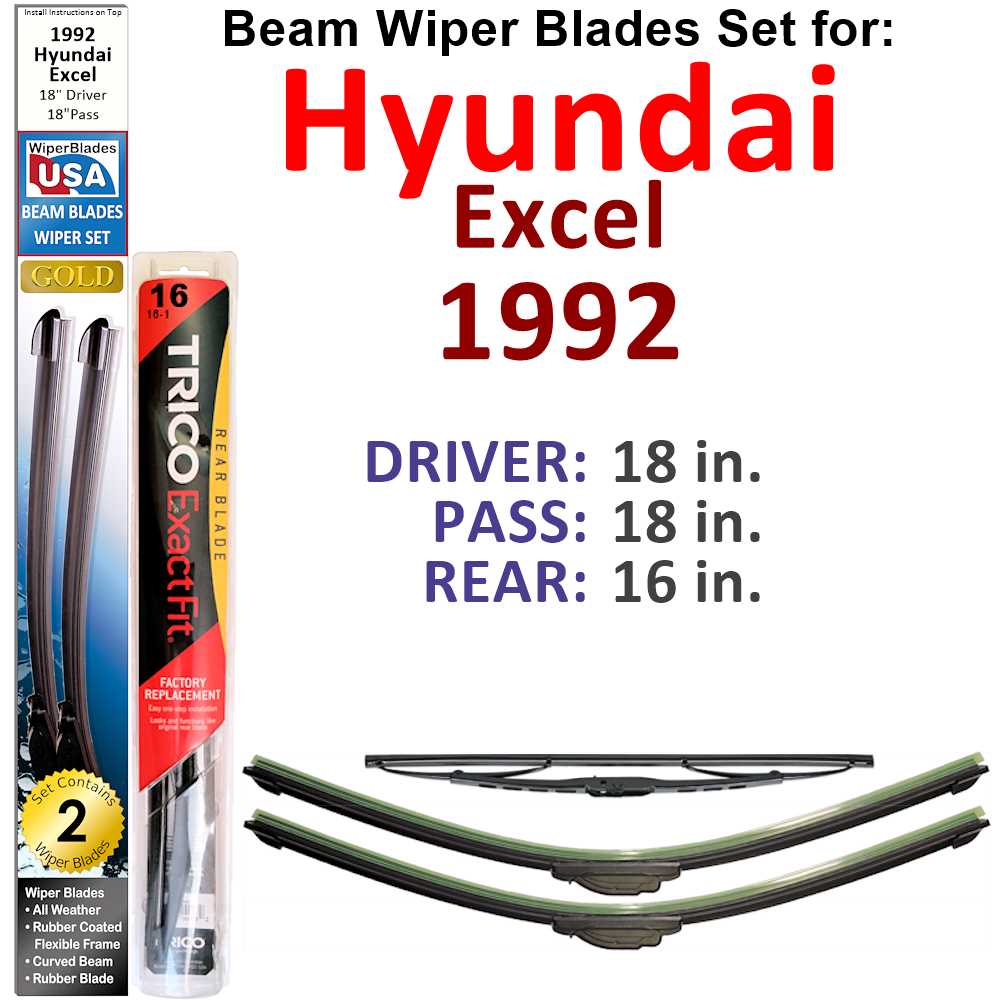 Set of 3 Beam Wiper Blades designed for 1992 Hyundai Excel, showcasing their flexible and sealed design for optimal windshield contact.