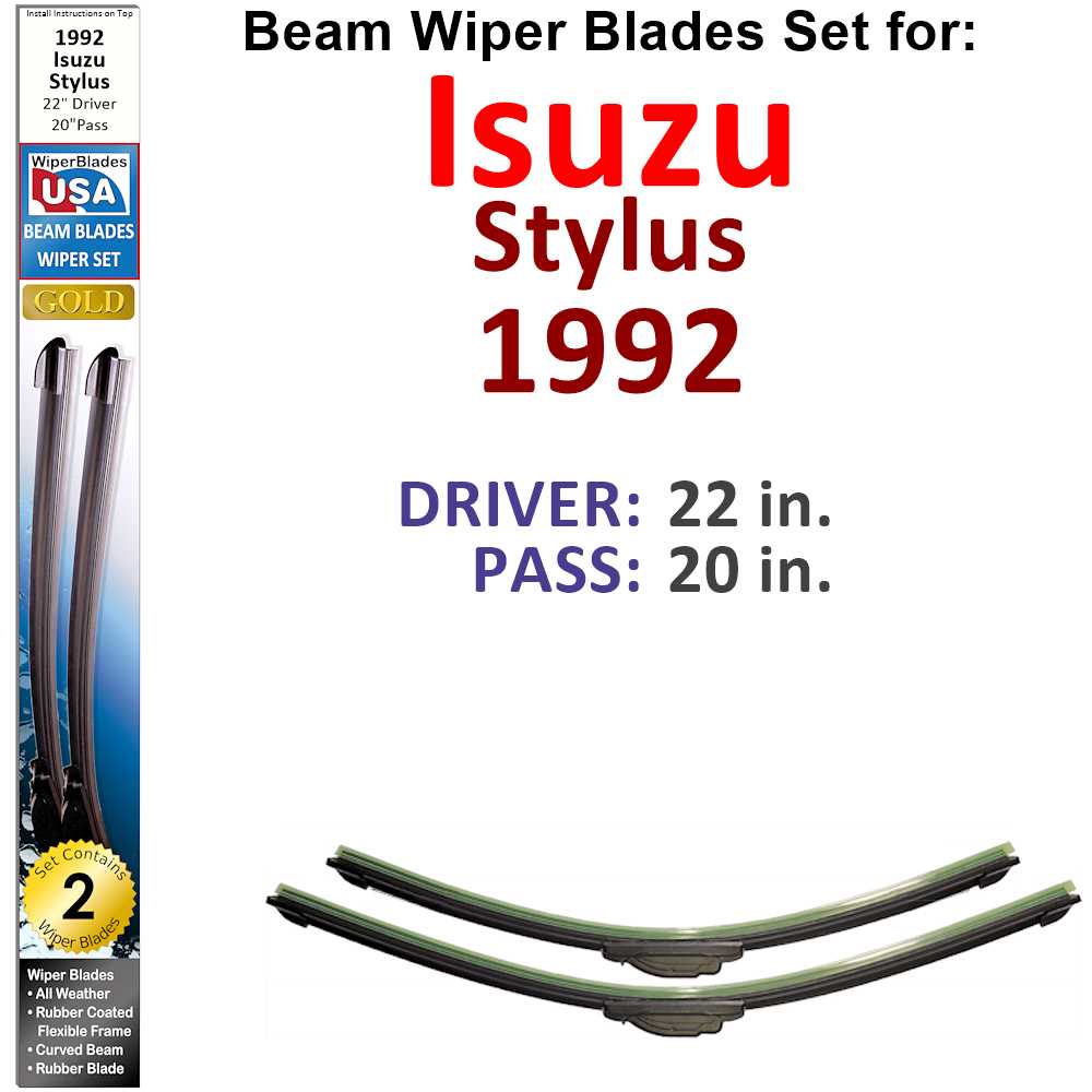 Set of two Beam Wiper Blades designed for 1992 Isuzu Stylus, showcasing their flexible and durable construction.