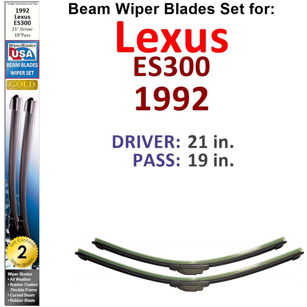 Set of two Beam Wiper Blades designed for 1992 Lexus ES300, showcasing their flexible and durable construction.