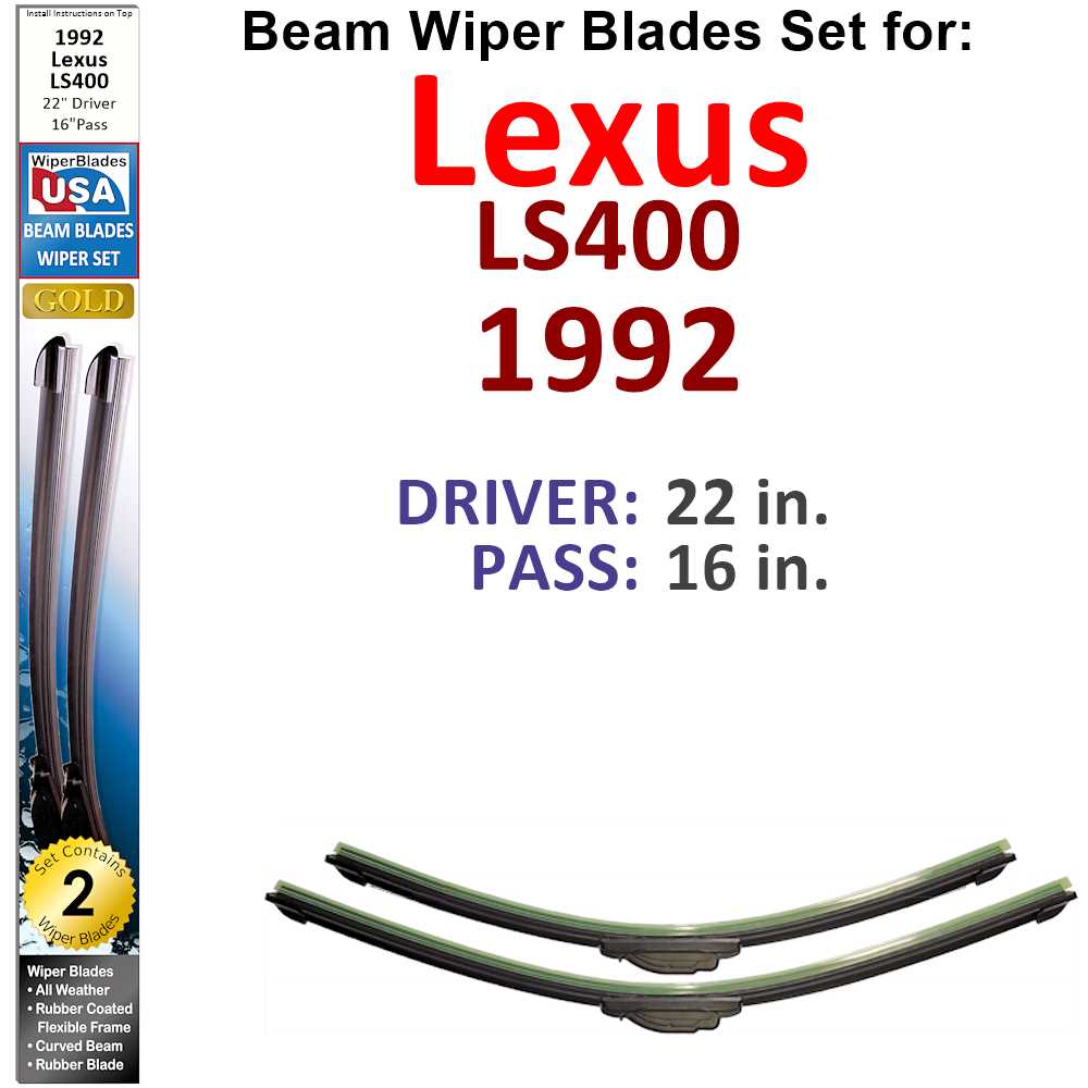 Set of two Beam Wiper Blades for 1992 Lexus LS400, showcasing their flexible design and rubber-encased metal spine.