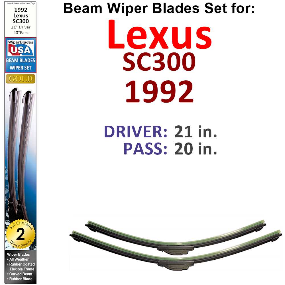 Set of 2 Beam Wiper Blades designed for 1992 Lexus SC300, showcasing their flexible and durable construction.