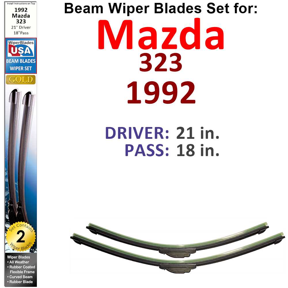 Set of 2 Beam Wiper Blades designed for 1992 Mazda 323, showcasing their flexible and sealed construction for optimal windshield contact.