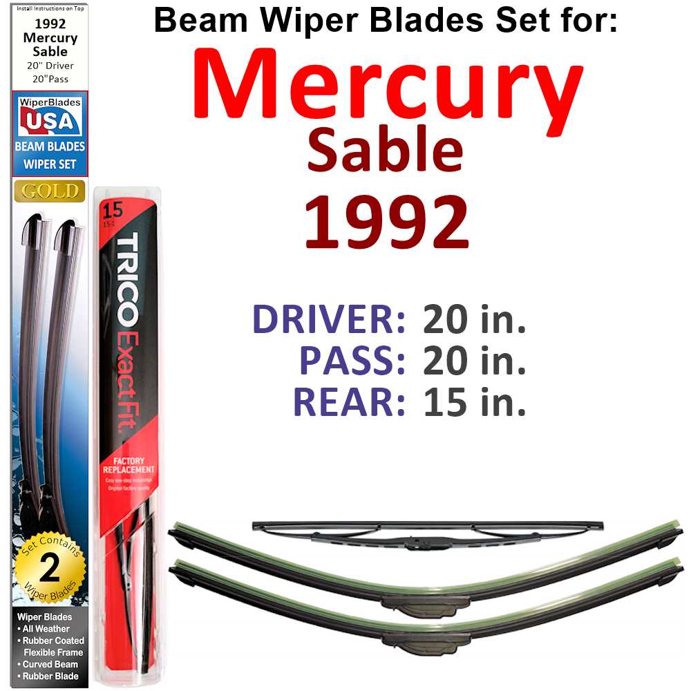 Set of 3 Beam Wiper Blades designed for 1992 Mercury Sable, showcasing their flexible and durable construction.