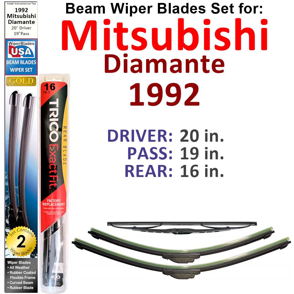 Set of 3 Beam Wiper Blades designed for 1992 Mitsubishi Diamante, showcasing their flexible and sealed construction for optimal performance.