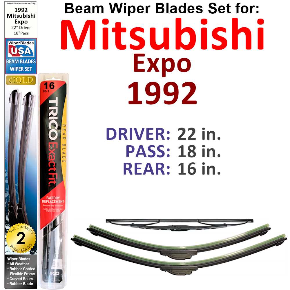 Set of 3 Beam Wiper Blades designed for 1992 Mitsubishi Expo, showcasing their flexible and durable construction.