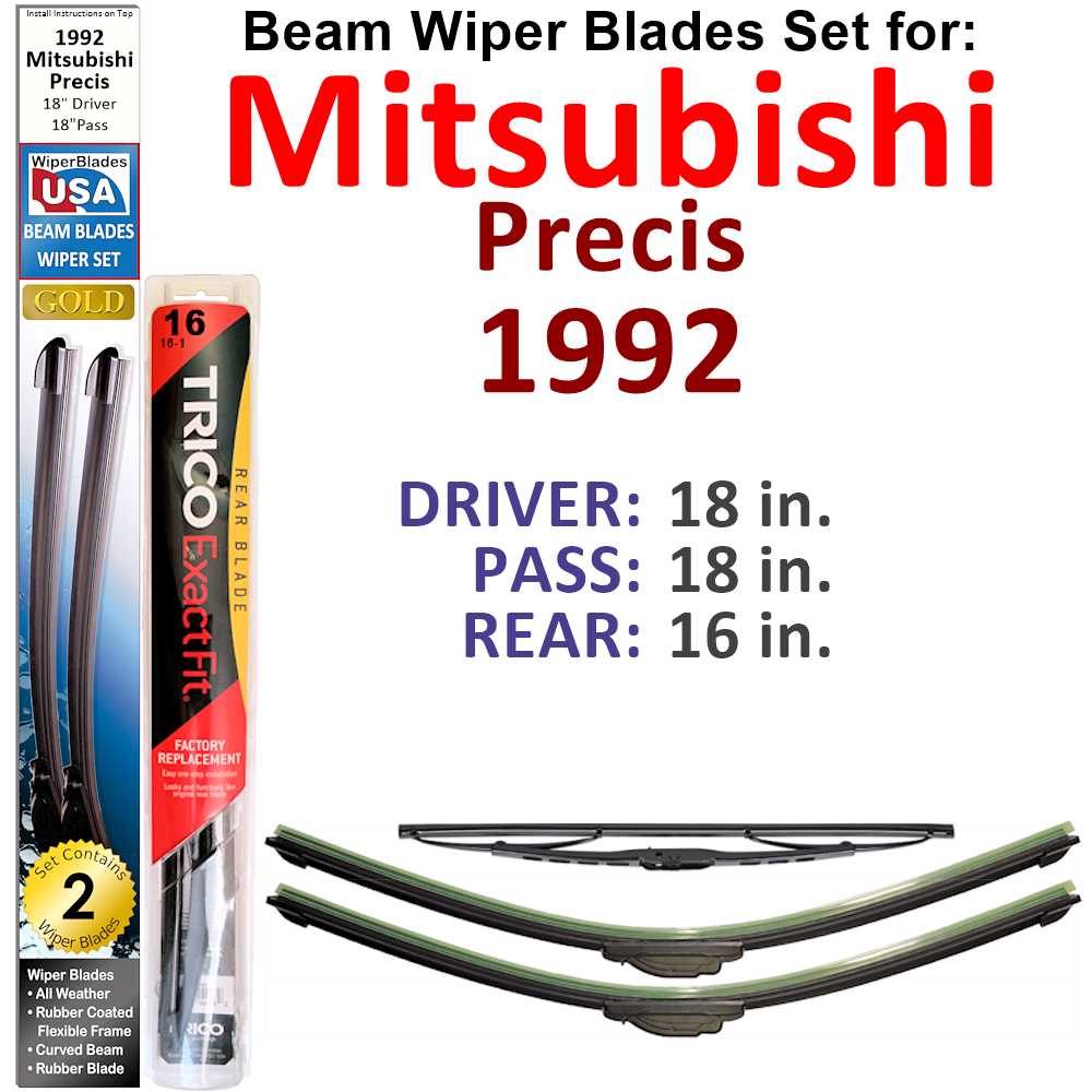 Set of 3 Beam Wiper Blades designed for 1992 Mitsubishi Precis, showcasing their flexible and durable construction.