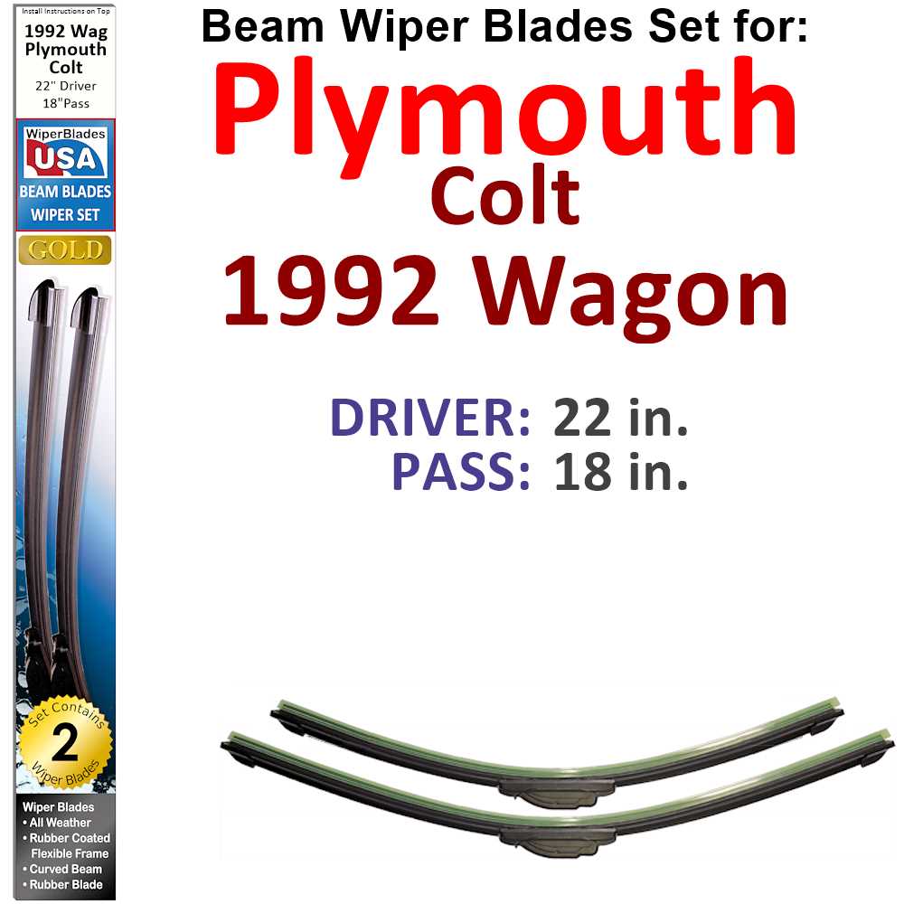 Set of 2 Beam Wiper Blades designed for 1992 Plymouth Colt Wagon, showcasing their flexible and durable construction.