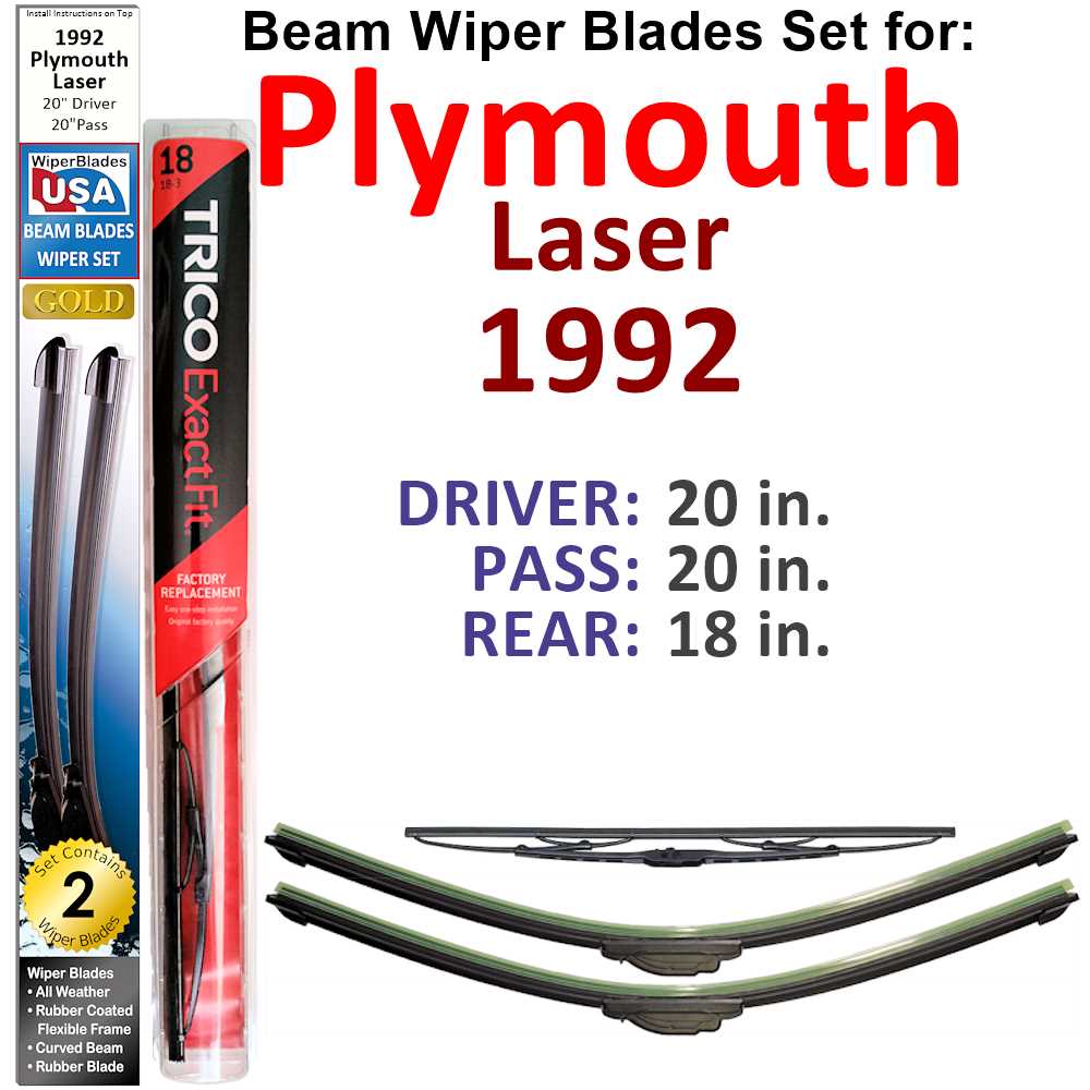 Set of 3 Beam Wiper Blades designed for 1992 Plymouth Laser, showcasing their flexible and sealed design for optimal performance.