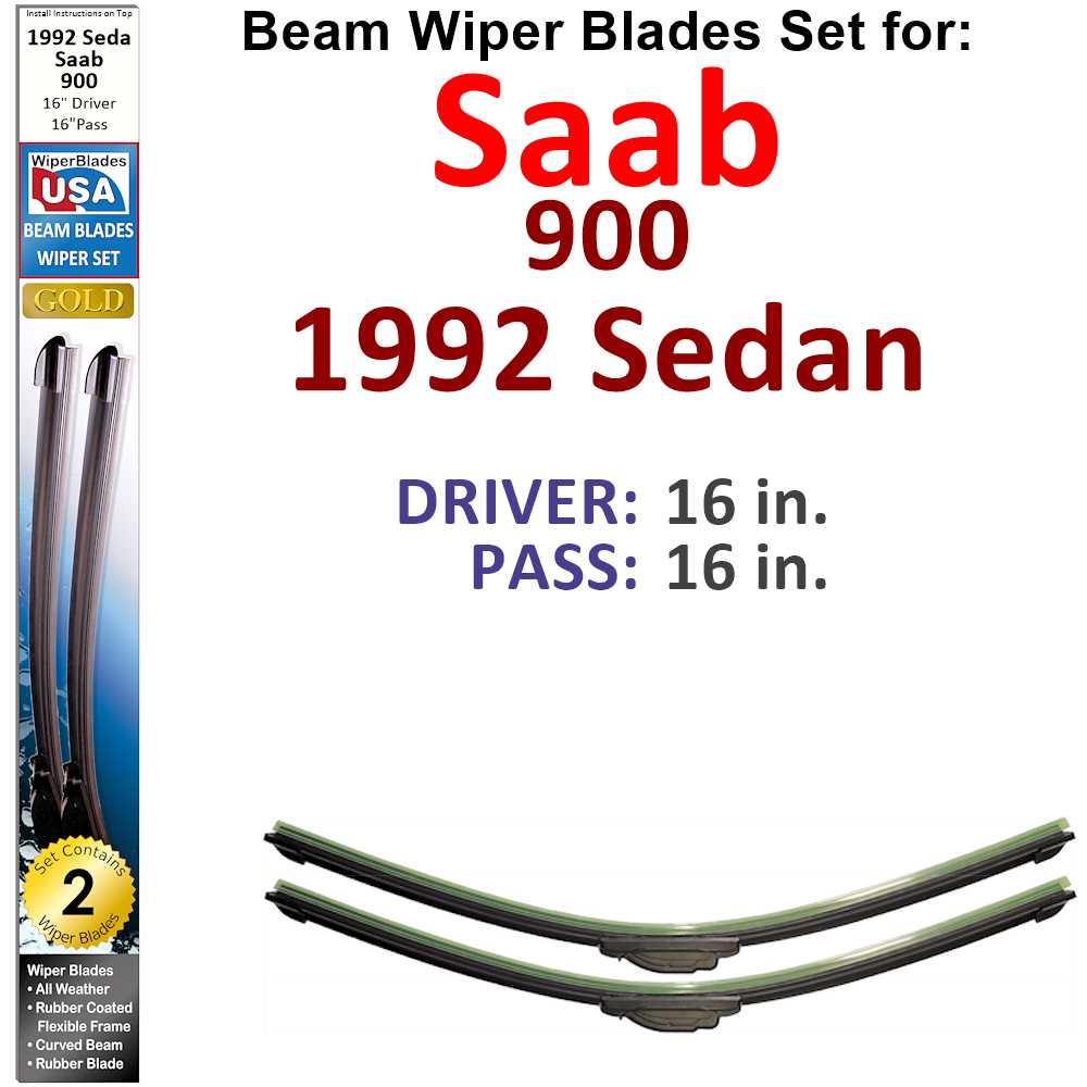 Set of two Beam Wiper Blades designed for 1992 Saab 900 Sedan, showcasing their flexible and durable construction.