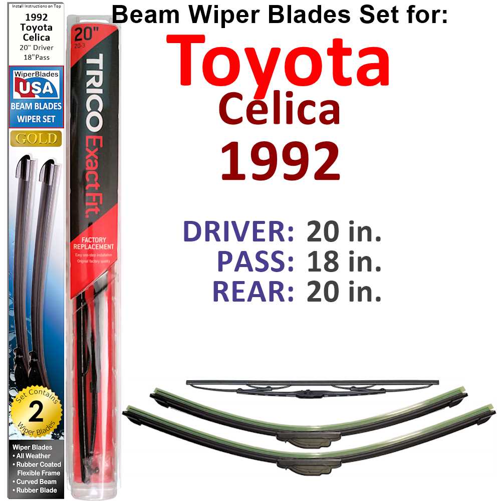 Set of 3 Beam Wiper Blades designed for 1992 Toyota Celica, showcasing their flexible and sealed construction for optimal windshield cleaning.