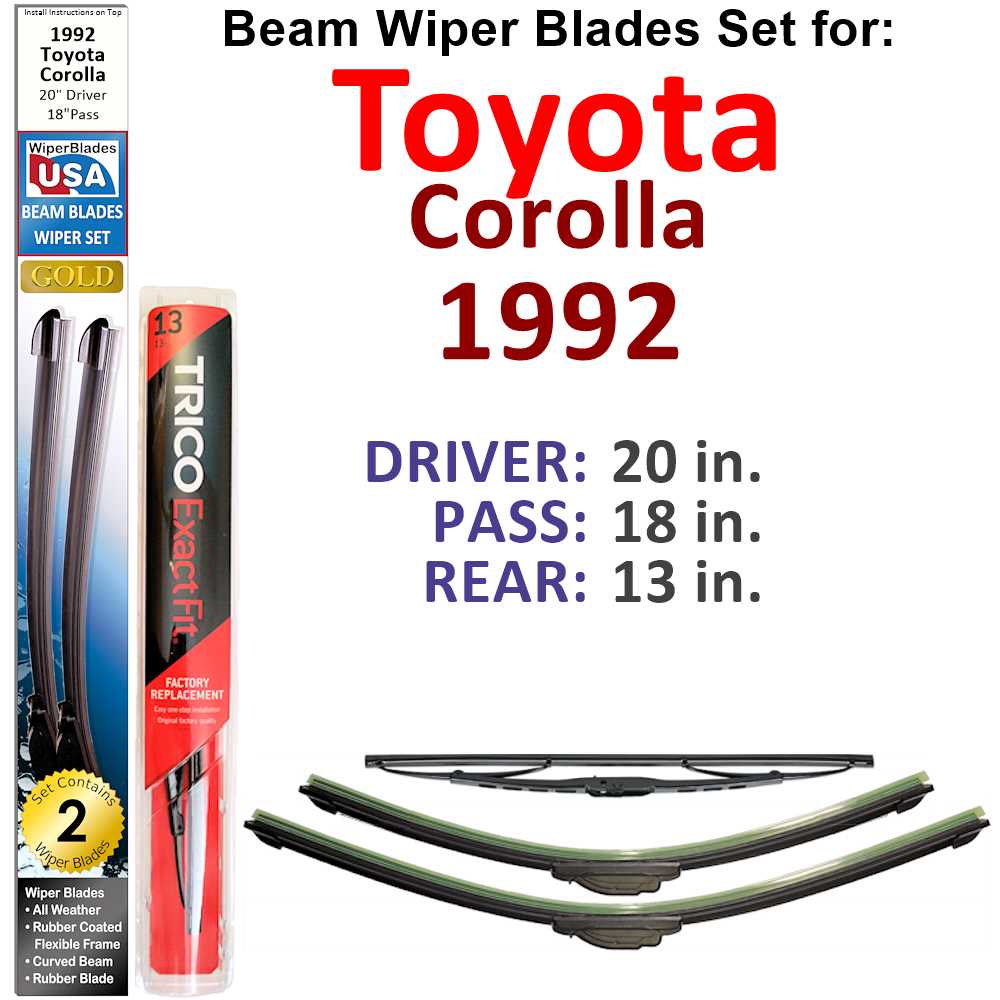 Set of 3 Beam Wiper Blades designed for 1992 Toyota Corolla, showcasing their flexible and durable design.