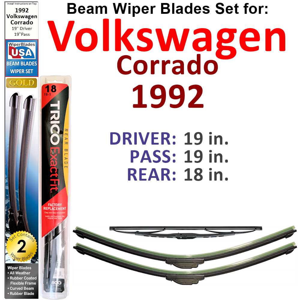 Set of 3 Beam Wiper Blades designed for 1992 Volkswagen Corrado, showcasing their flexible and durable design.