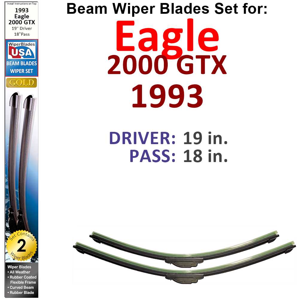 Set of 2 Beam Wiper Blades designed for 1993 Eagle 2000 GTX, showcasing their flexible and durable construction.