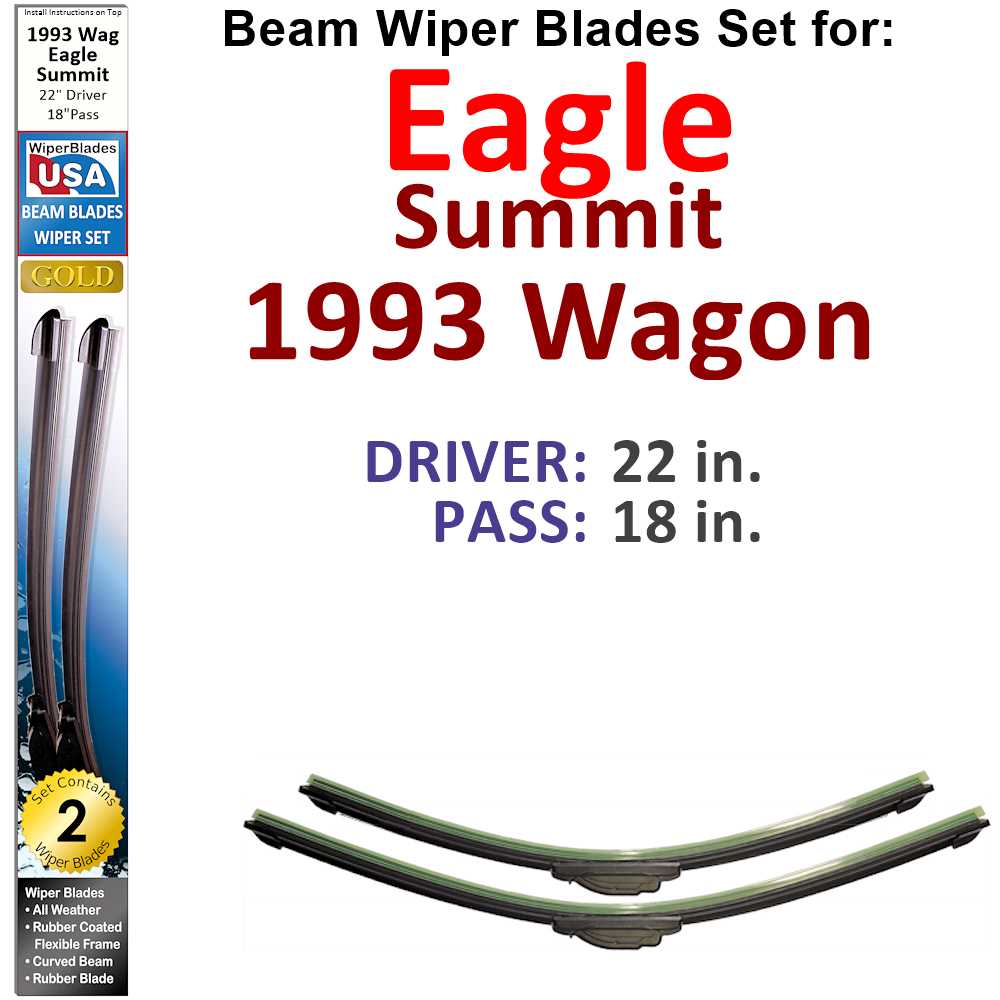 Set of 2 Beam Wiper Blades designed for 1993 Eagle Summit Wagon, showcasing their flexible and durable construction.