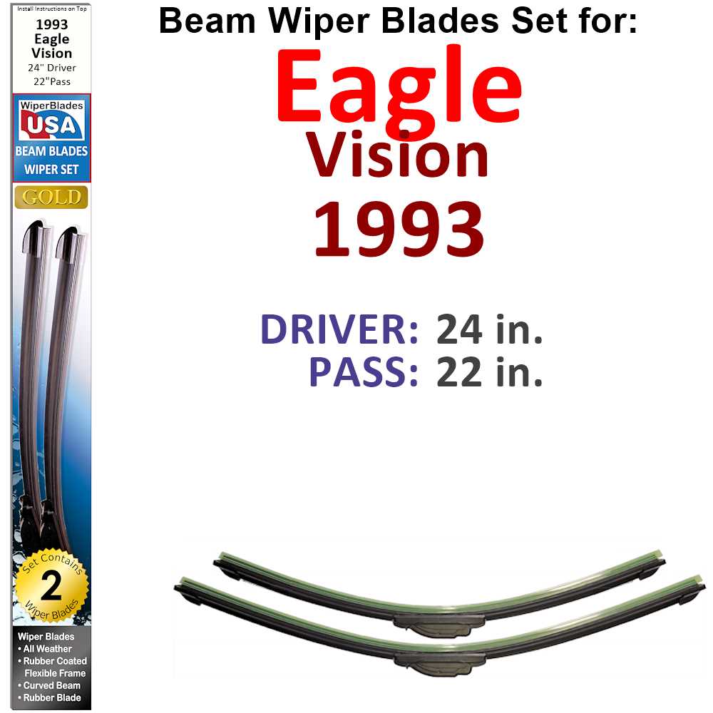 Set of 2 Beam Wiper Blades designed for 1993 Eagle Vision, showcasing their flexible and low-profile design.