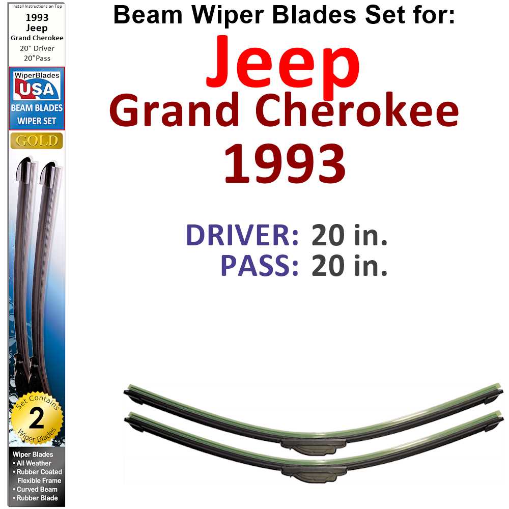 Set of two Beam Wiper Blades designed for 1993 Jeep Grand Cherokee, showcasing their flexible and sealed design for optimal windshield cleaning.