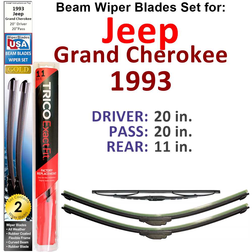 Set of 3 Beam Wiper Blades designed for 1993 Jeep Grand Cherokee, showcasing their flexible and durable construction.