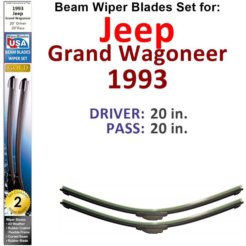 Set of 2 Beam Wiper Blades designed for 1993 Jeep Grand Wagoneer, showcasing their flexible and durable construction.