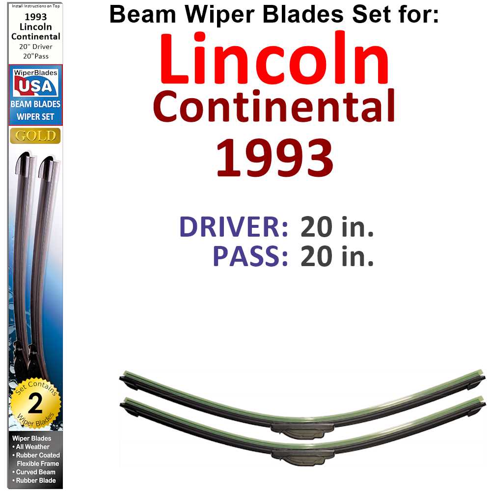 Set of two Beam Wiper Blades designed for 1993 Lincoln Continental, showcasing their sleek low-profile design and durable rubber construction.