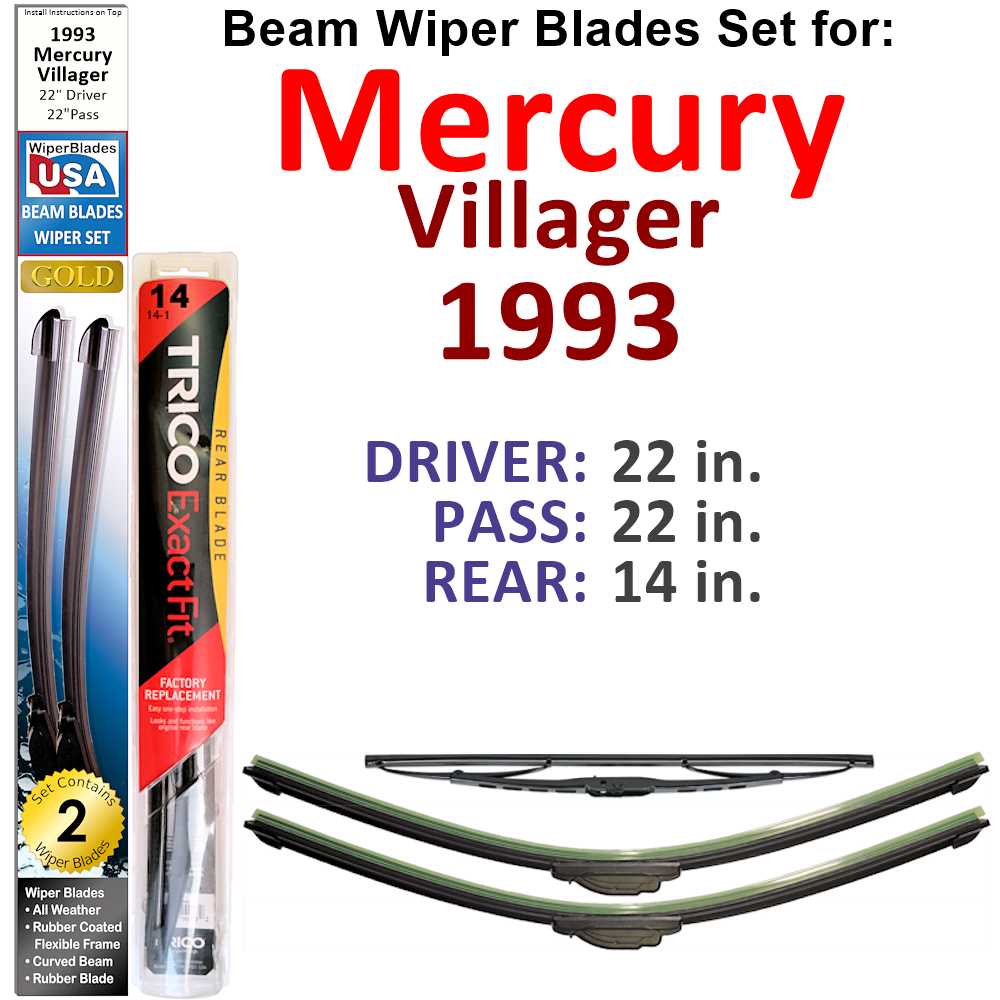 Set of 3 Beam Wiper Blades designed for 1993 Mercury Villager, showcasing their flexible and durable construction.