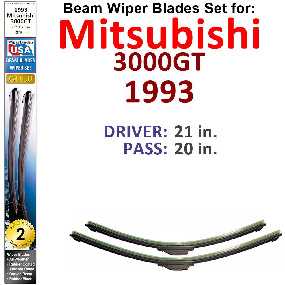 Set of 2 Beam Wiper Blades designed for 1993 Mitsubishi 3000GT, showcasing their flexible and durable design.