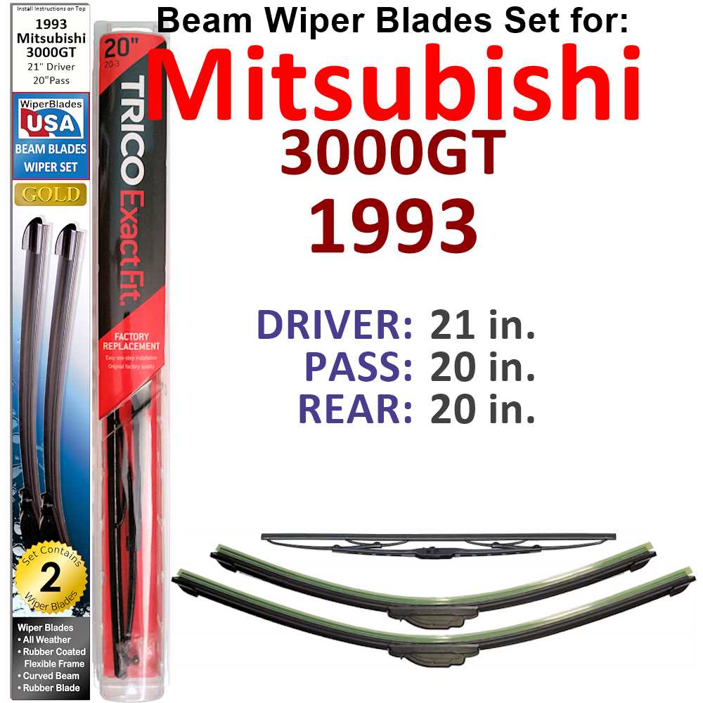 Set of 3 Beam Wiper Blades designed for 1993 Mitsubishi 3000GT, showcasing their flexible and durable construction.