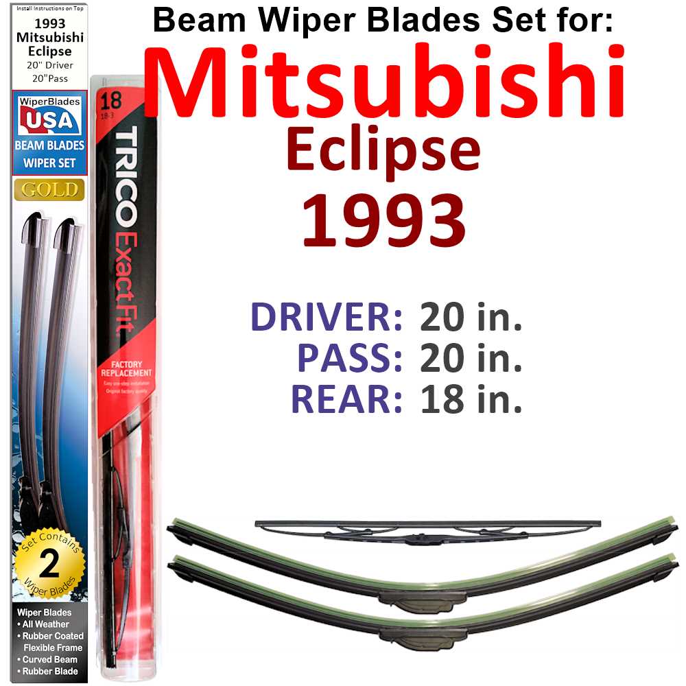 Set of 3 Beam Wiper Blades designed for 1993 Mitsubishi Eclipse, showcasing their flexible and durable construction.