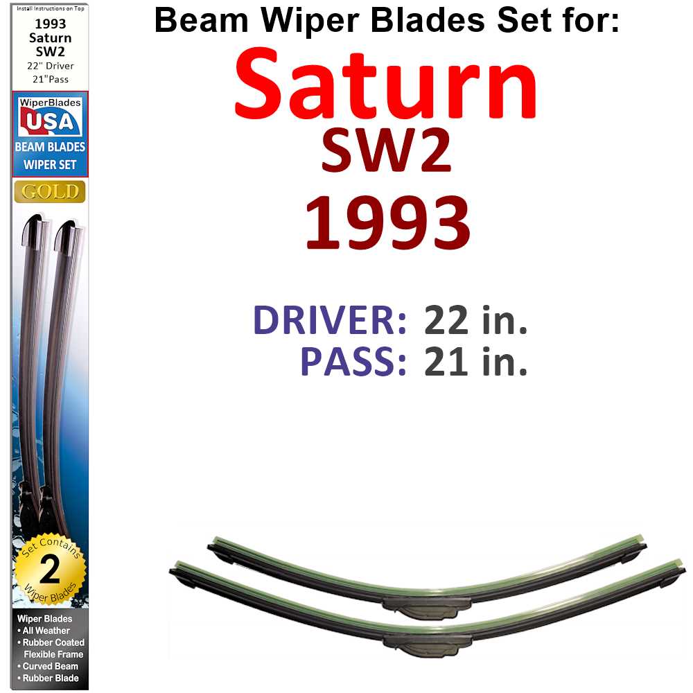 Set of 2 Beam Wiper Blades designed for 1993 Saturn SW2, showcasing their flexible and durable construction.