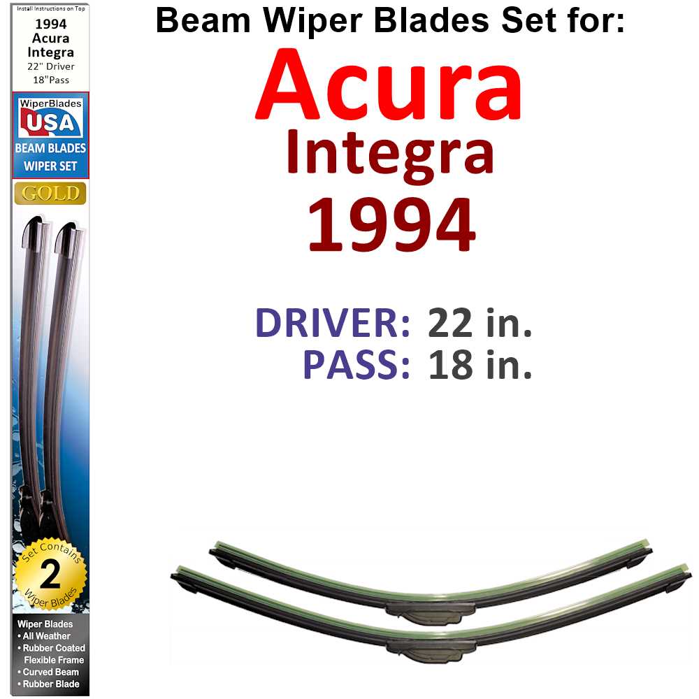 Set of 2 Beam Wiper Blades for 1994 Acura Integra, showcasing their flexible design and rubber-encased metal spine.