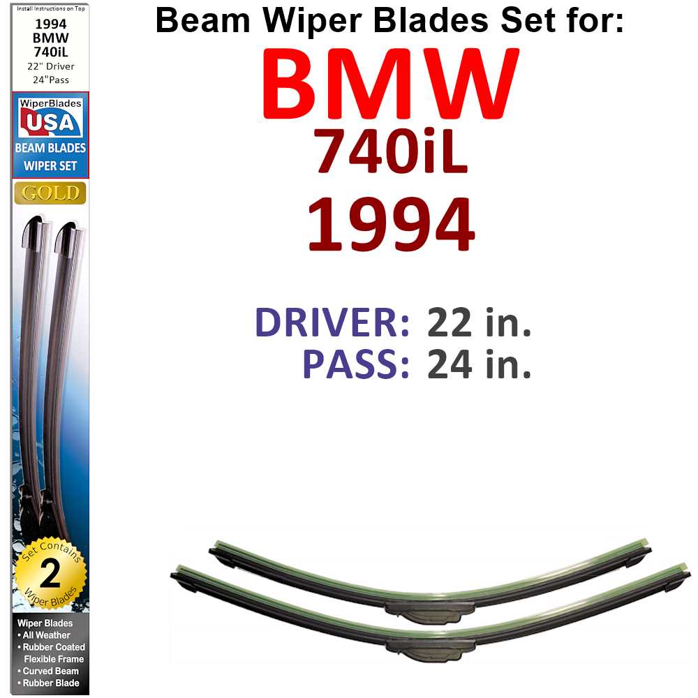 Set of two Beam Wiper Blades designed for 1994 BMW 740iL, showcasing their flexible and sealed design for optimal windshield contact.