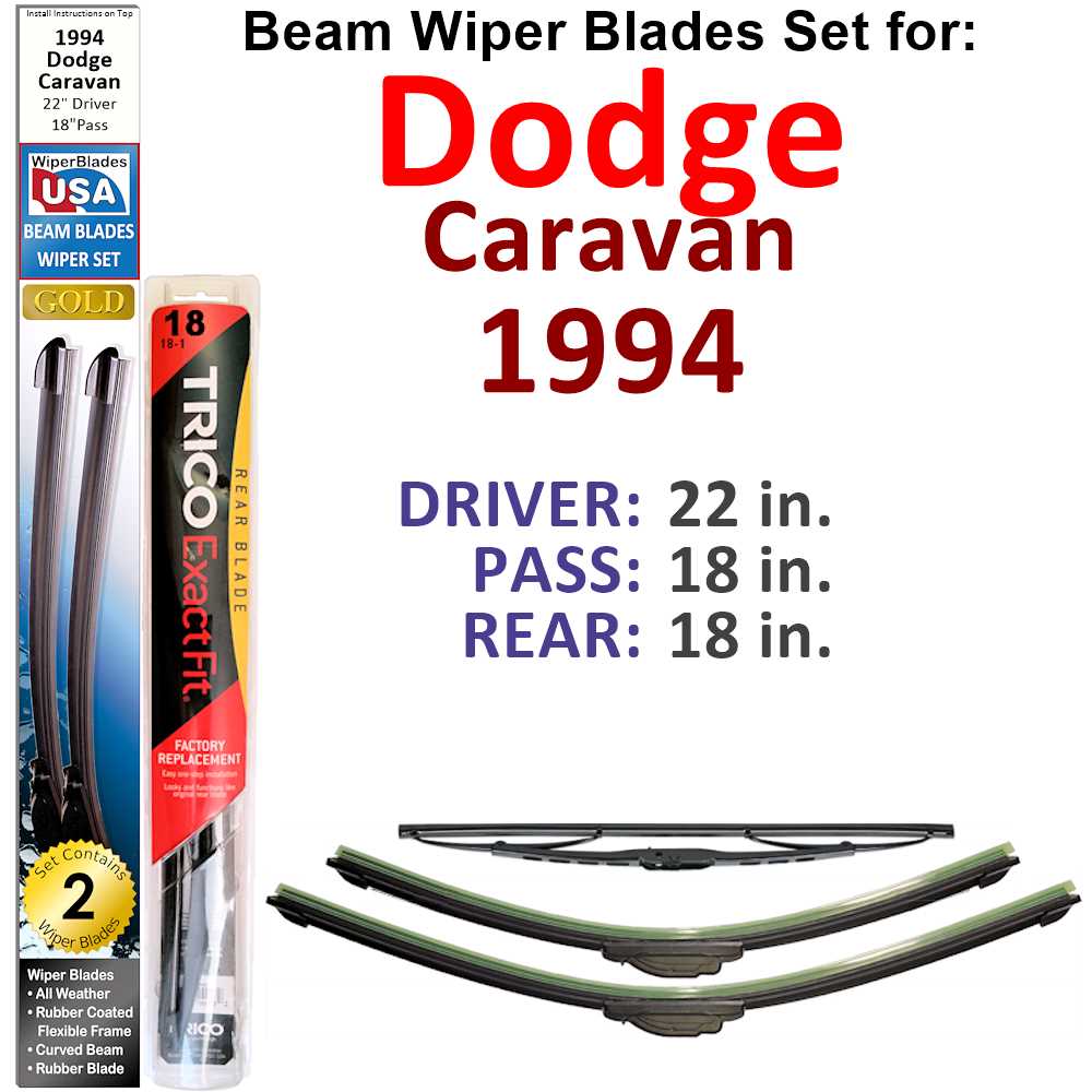 Set of 3 Beam Wiper Blades designed for 1994 Dodge Caravan, showcasing their flexible and durable design.