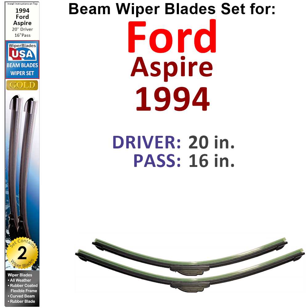 Set of two Beam Wiper Blades designed for 1994 Ford Aspire, showcasing their flexible and durable construction.