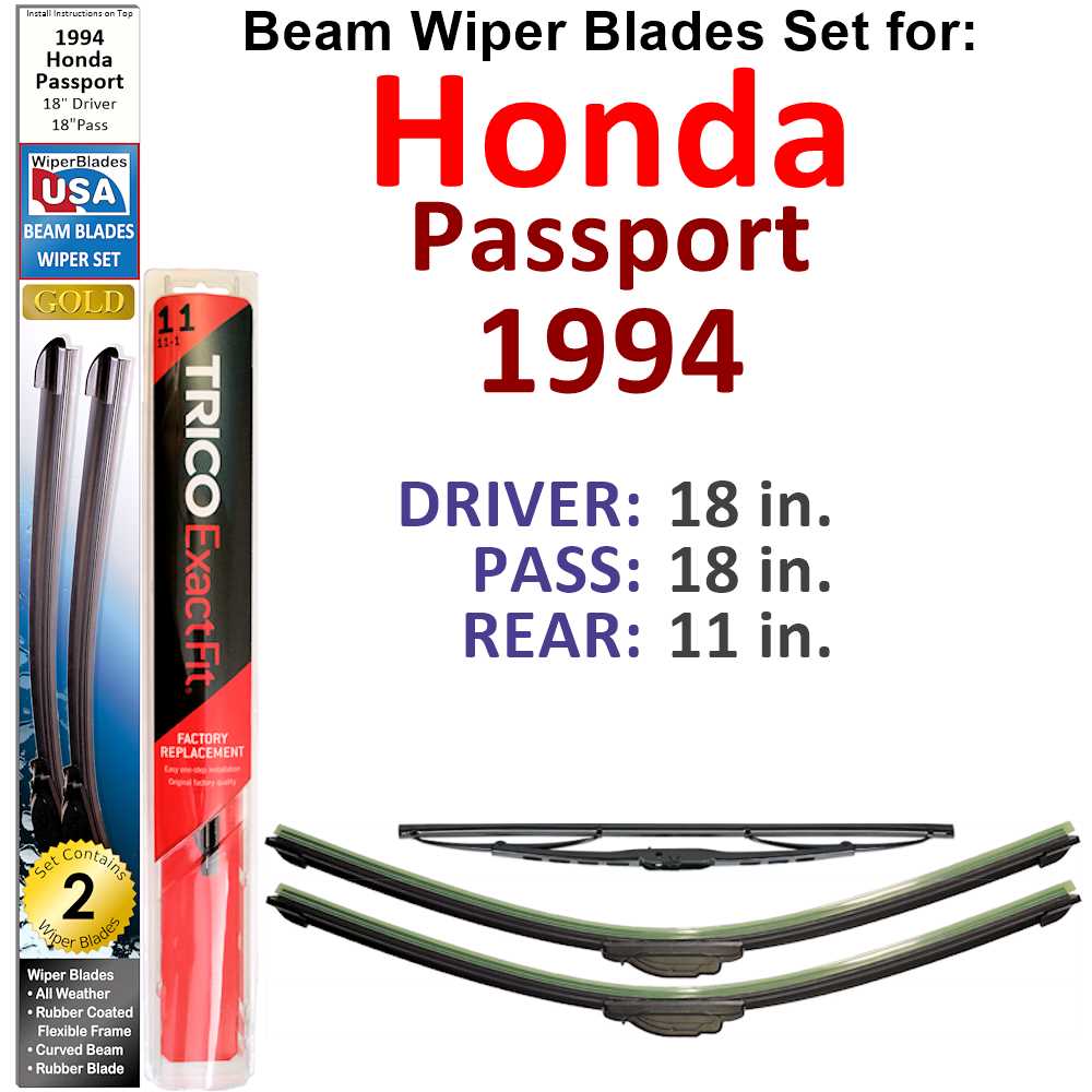 Set of 3 Beam Wiper Blades designed for 1994 Honda Passport, showcasing their flexible and durable construction.