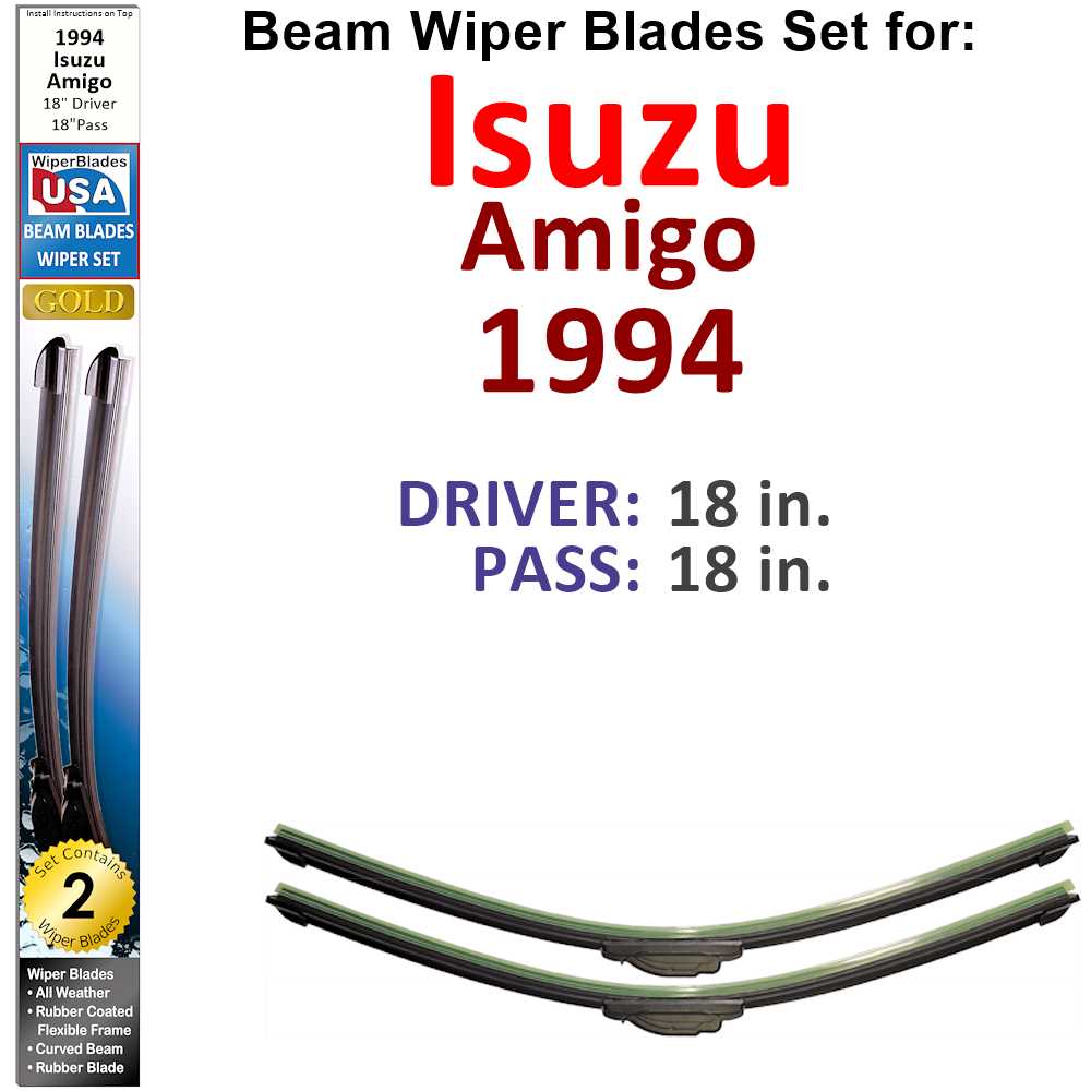 Set of two Beam Wiper Blades designed for 1994 Isuzu Amigo, showcasing their flexible and durable construction.