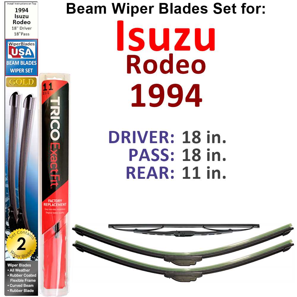 Set of 3 Beam Wiper Blades designed for 1994 Isuzu Rodeo, showcasing their flexible and durable construction.