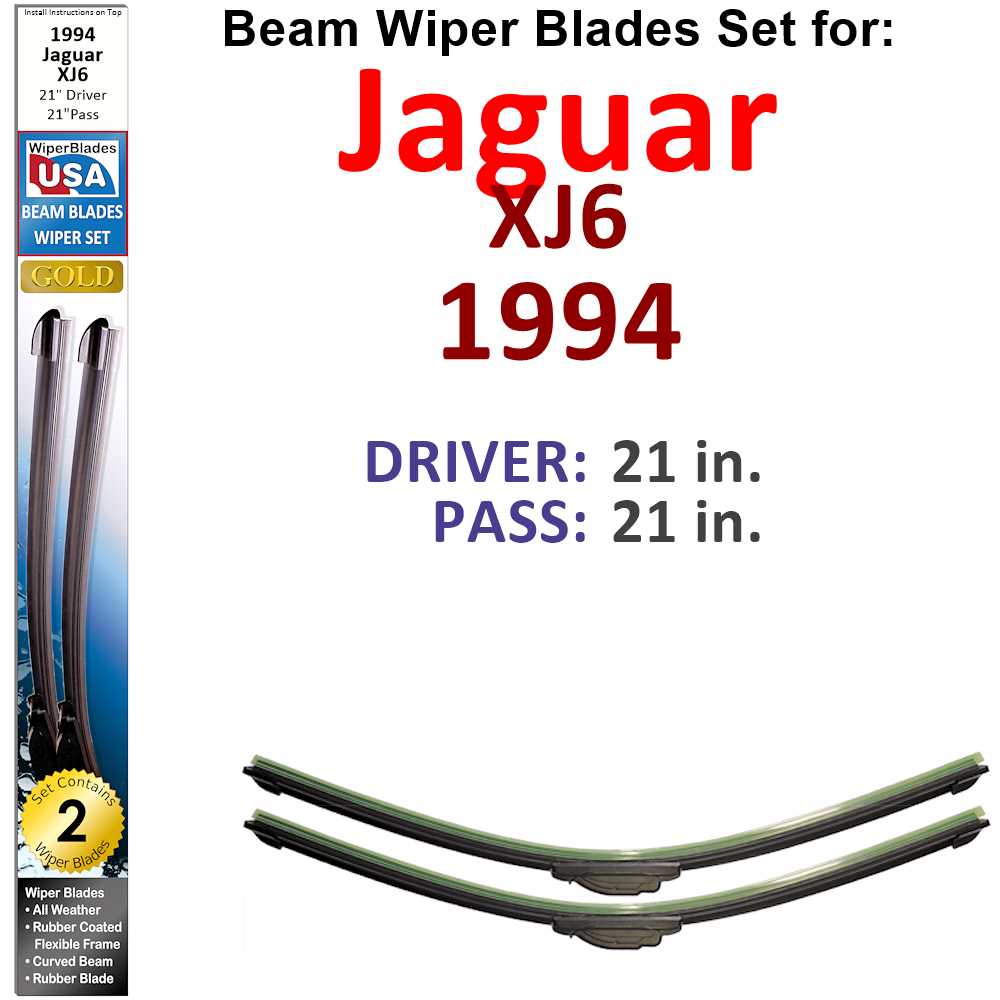 Set of two Beam Wiper Blades designed for 1994 Jaguar XJ6, showcasing their sleek design and rubber-encased metal spine.