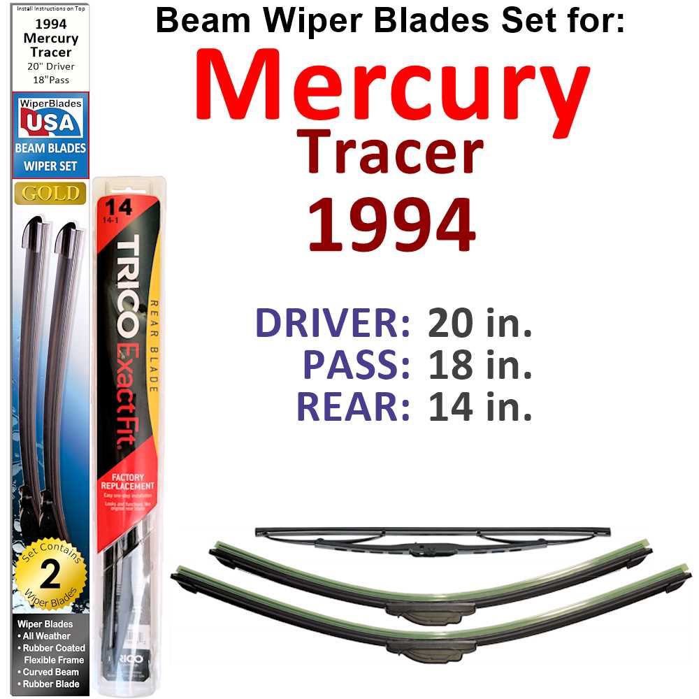 Set of 3 Beam Wiper Blades designed for 1994 Mercury Tracer, showcasing their flexible and durable construction.