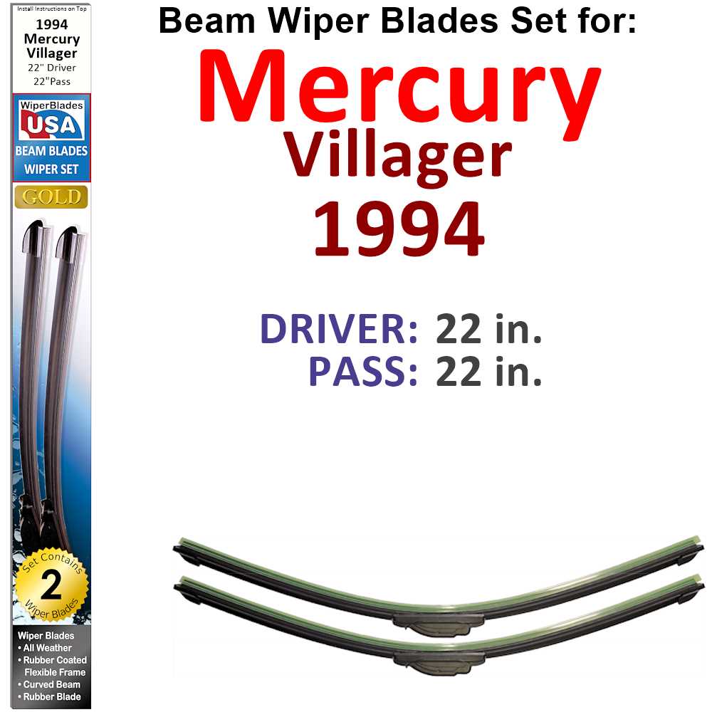 Set of two Beam Wiper Blades designed for 1994 Mercury Villager, showcasing their flexible and durable construction.